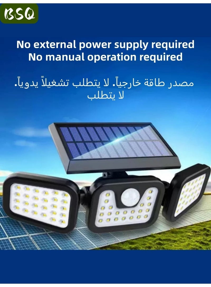 بي إس كيو مصابيح شمسية خارجية، مصابيح LED لاسلكية عالية السطوع تعمل بالطاقة الشمسية ومزودة بمستشعر حركة؛ ثلاثة رؤوس مصابيح قابلة للتعديل، إضاءة واسعة بزاوية 270 درجة، مقاومة للماء بمعيار IP65، كشاف ضوئي فائق السطوع، 3 أوضاع إضاءة. - Image 4